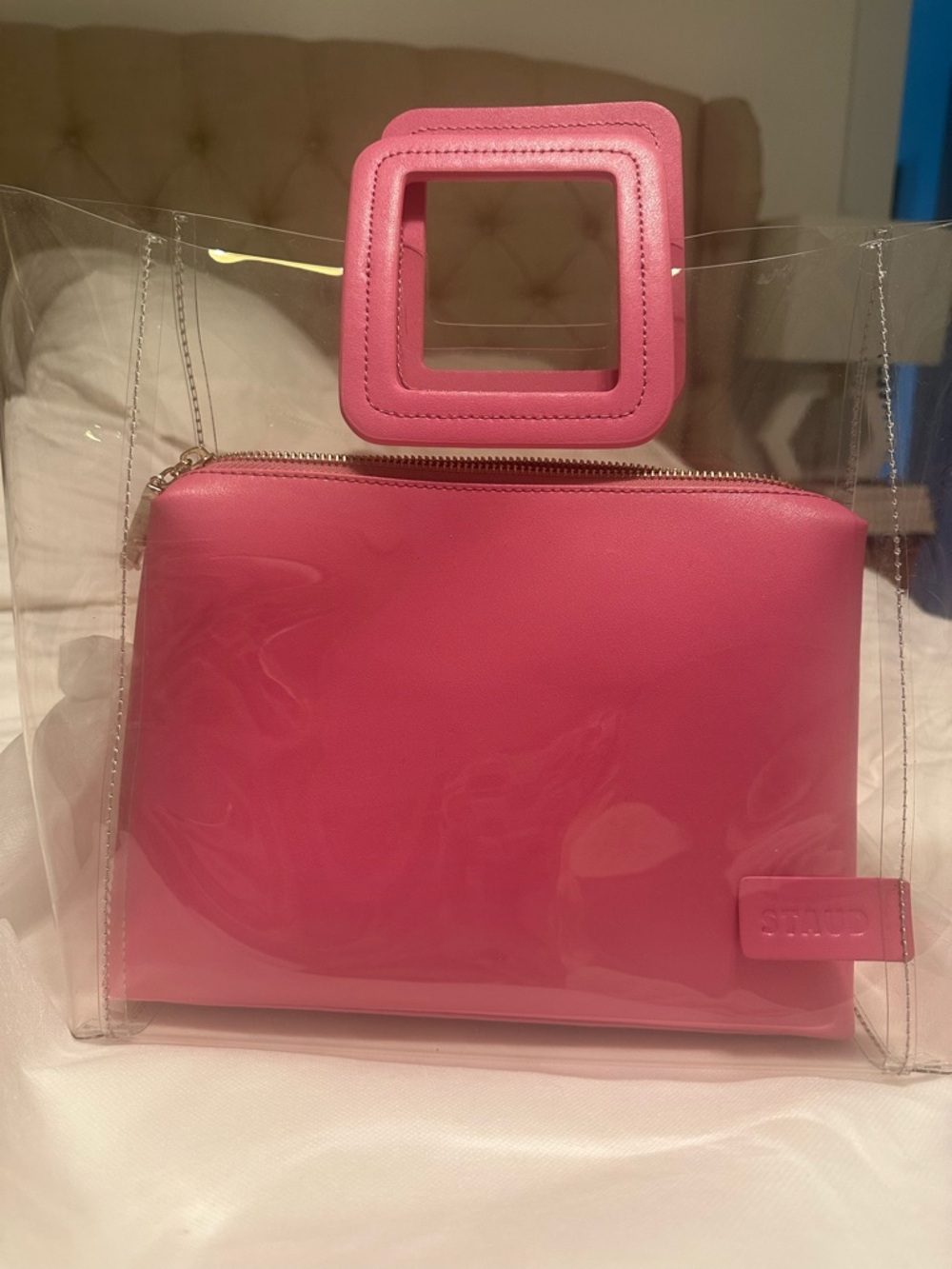 STAUD Pink Clear Tote with Pink Removable Pouch